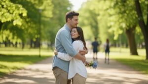 Pareja discutiendo en un parque al atardecer, simbolizando reconciliación y recuperación de relaciones amorosas.