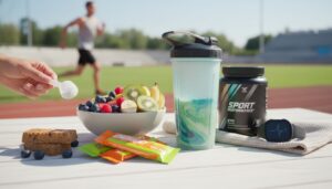 Deportista bebiendo batido proteico tras entrenamiento intenso para mejorar rendimiento deportivo y recuperación muscular