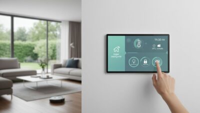 Interior moderno con dispositivos domóticos controlando luces y electrodomésticos en un hogar automatizado
