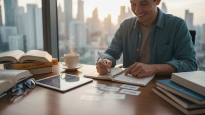 Persona estudiando un nuevo idioma con libros y laptop para aprender rápido y mejorar habilidades lingüísticas