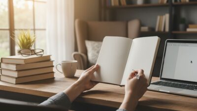 Persona escribiendo en una libreta junto a una computadora y libros para publicar un libro paso a paso