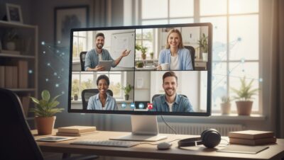 Equipo remoto colaborando en videoconferencia con laptops y gráficos, gestionando proyectos de forma efectiva y optimizada