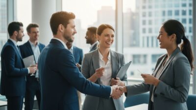 Personas conectando en evento profesional para aprender a hacer networking efectivo y expandir su red de contactos