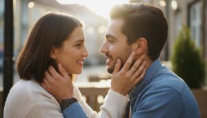 Pareja feliz abrazándose, símbolo de amor y confianza en una relación romántica saludable