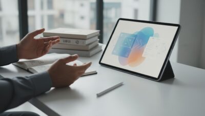Interfaz de usuario moderna con elementos de diseño UX claros y principios fundamentales visualizados