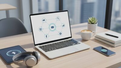 Persona usando laptop con gráficos de marketing online en pantalla para guía paso a paso