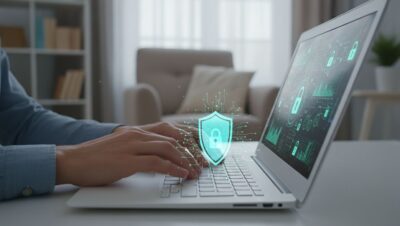 Persona usando laptop con iconos de seguridad digital sobre fondo azul en casa
